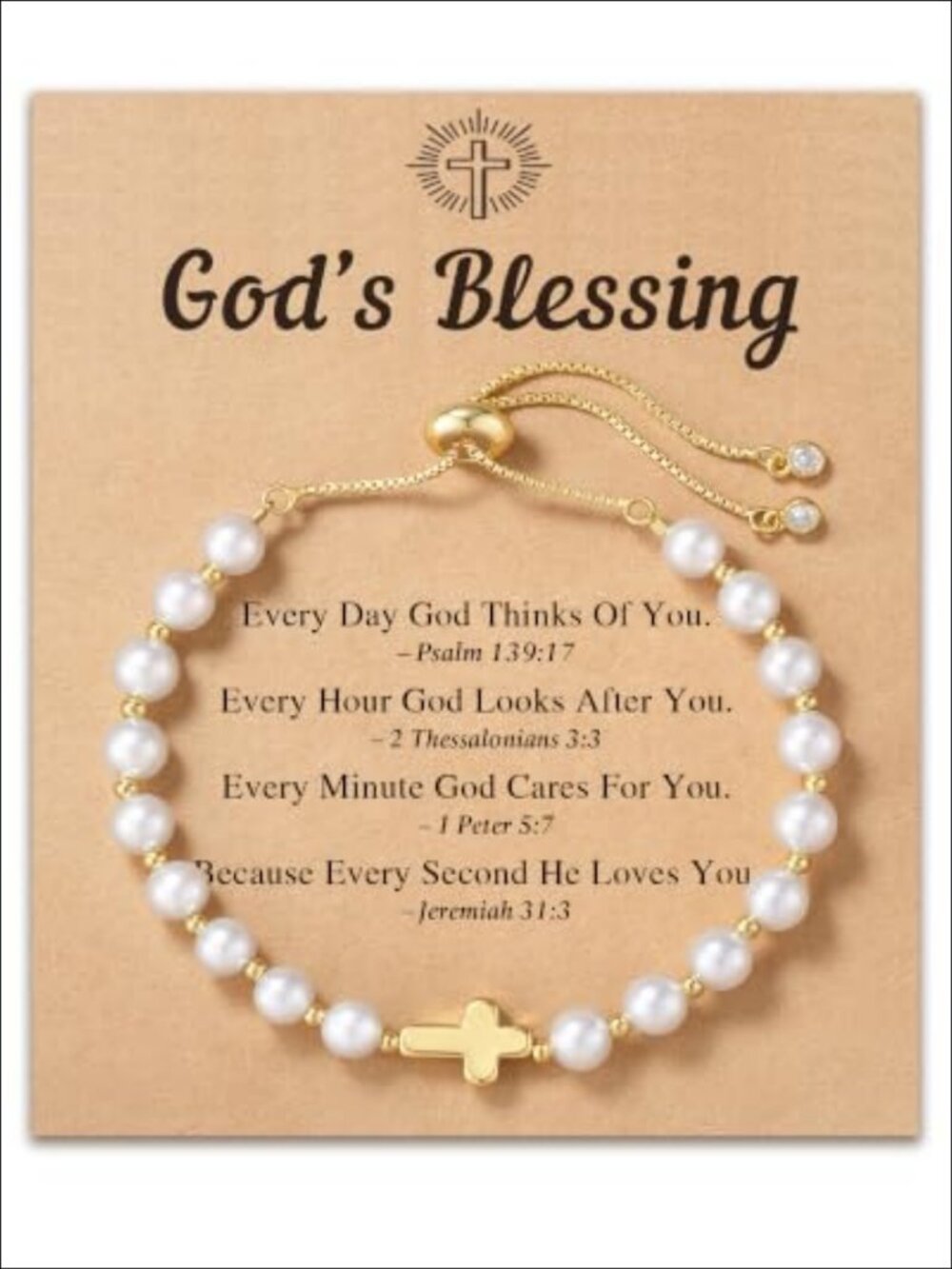 14K Gold Plated Pearl Cross Bracelet Adjustable Christian Gift